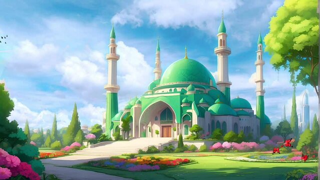 Islamic animation of beautiful mosque building and beautiful flower garden in Japanese anime watercolor painting illustration style. seamless looping video animation background.