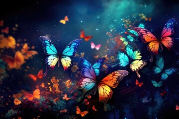 Obraz na płótnie Canvas Beautiful Butterflies, Dreamy fantasy magical butterflies, soft light colors wings, Ai Generated