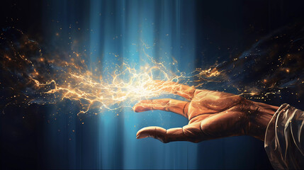 An open hand sticks out into the picture and golden sparks fly out of it, blue background - obrazy, fototapety, plakaty