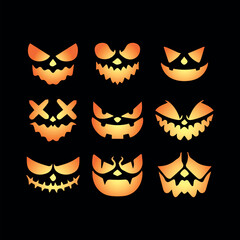 Hand drawn cute cartoon peekaboo halloween pumpkin face collection set design