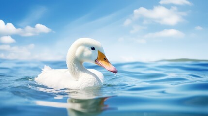 Obraz premium a white swan swimming in a pond with beautiful natural views