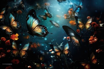 Fototapeta na wymiar Beautiful Butterflies, Dreamy fantasy magical butterflies, soft light colors wings, Ai Generated