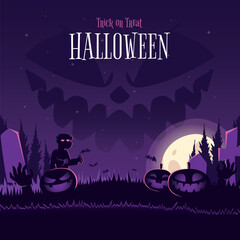 Hand drawn cute cartoon halloween moon night with zombie and pumpkin silhouette character background design