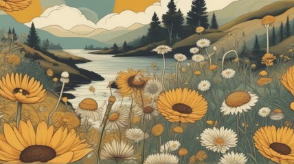A Vector Nature Background Featuring Chamomiles and Dandelions. An Artful Blend of Serenity and Whimsical Beauty in a Captivating Illustration.