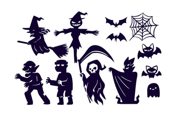Halloween cute cartoon silhouette witch zombie and vampire characters collection