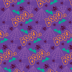 Hand drawn cute peekaboo halloween trick or treat spider web seamless pattern background