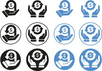 Set of Fill Cashback icons. Money refund symbols. The hand that receives the money return and return on investment on transparent background. Hand hold coins. Dollar collection coins. Finance signs.
