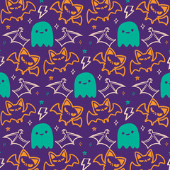 Hand drawn cartoon pekaabo halloween trick or treat ghost and bat character seamless pattern background