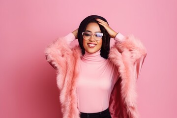 Stylish Female with Glasses Poses in a Pink Fur Coat A fictional character created by Generated AI. 