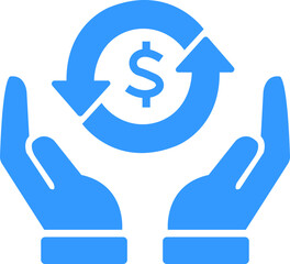 Obraz premium Blue Fill Cashback icon. Money refund symbol. The hand that receives the money return and return on investment on transparent background. Hand hold coin. Dollar coin. Finance sign. Business icon.