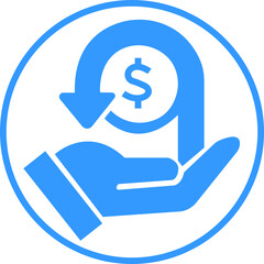 Blue Fill Cashback icon. Money refund symbol. The hand that receives the money return and return on investment on transparent background. Hand hold coin. Dollar coin. Finance sign. Business icon.