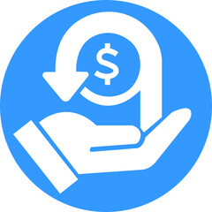 Blue Fill Cashback icon. Money refund symbol. The hand that receives the money return and return on investment on transparent background. Hand hold coin. Dollar coin. Finance sign. Business icon.