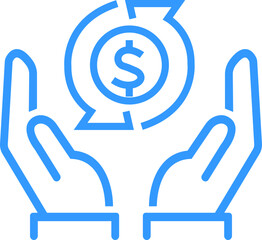 Blue line Cashback icon. Money refund symbol editable stock. The hand that receives the money return and return on investment on transparent background. Hand hold coin. Dollar coin. Finance sign.