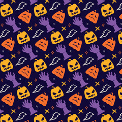 Hand drawn cute halloween pumpkins face seamless pattern