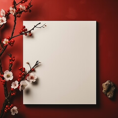 Blank paper sheet with cherry blossom branches on red background.