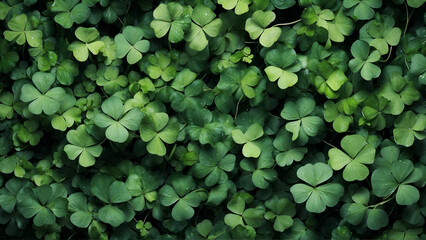 Green shamrock, clover leaves top view background