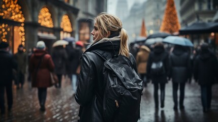 Fototapeta na wymiar Young Woman with Backpack Walking in Rainy City