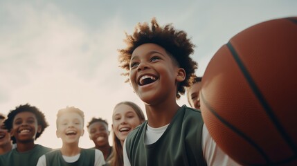 Child Holding Basketball High with Friends Cheering