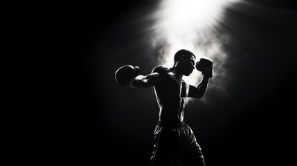 Boxer's Silhouette Poised in Spotlight