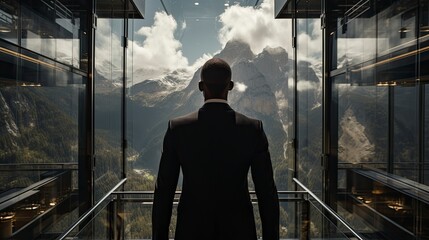 Businessman Gazing at Mountain Peaks from Elevator - obrazy, fototapety, plakaty