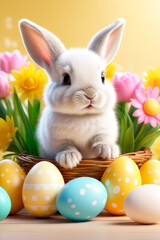 Easter holiday concept. Happy easter greeting card with bunny, colourful eggs and spring flowers.