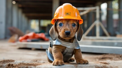 A playful image of a puppy dressed as a builder, complete with a safety helmet, at a construction...