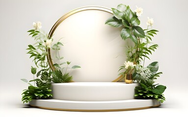 luxury podium with flower and leaf on white background