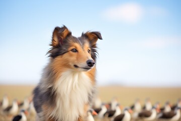 shetland sheepdog amidst a flock on a clear day