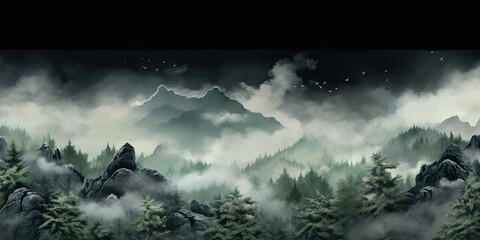 Misty Mountain Landscape with Foggy Trees and Rocky Cliffs
