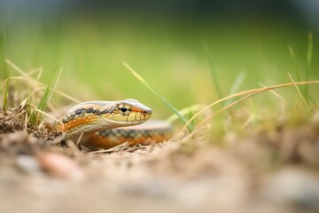 Naklejka premium side view of garter snake entering a grassy burrow
