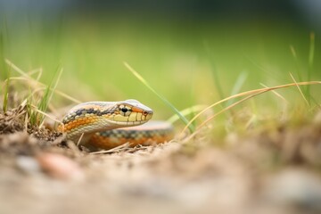 side view of garter snake entering a grassy burrow
