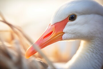 close focus on goose beak with nest in soft light