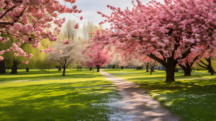 Families in the park having a spring easter egg hunt with budding apple blossoms trees has both small and large trees on the lawn in the morning with flower beds and blooming flowers of various colors