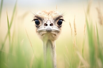 ostrich head poking through tall grasses - obrazy, fototapety, plakaty