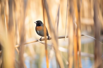 sunlit blackbird amid shadowed reeds - obrazy, fototapety, plakaty