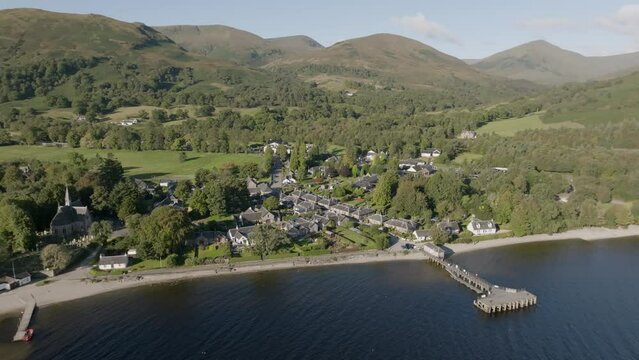Luss aerial orbital shot above Loch Lomond looking West