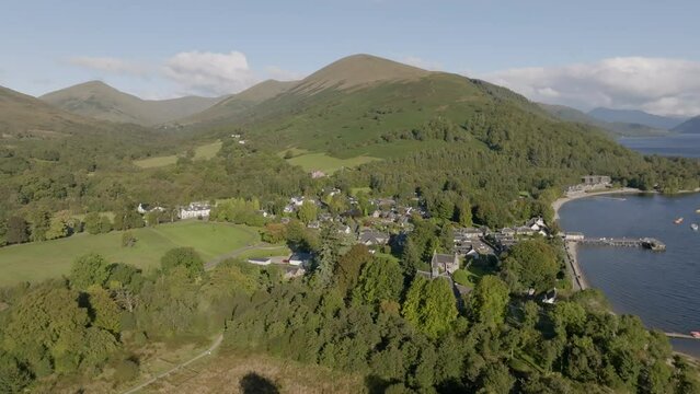 Luss aerial revel shot looking North above Loch Lomond towards Benn Dubh
