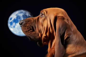 bloodhound with head back, moon in frame - obrazy, fototapety, plakaty