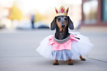 dachshund in a tutu skirt with a tiara - obrazy, fototapety, plakaty