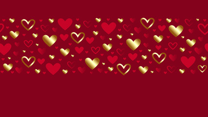 Valentine's day seamless border. Red and gold hearts on dark red background