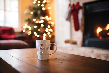 steaming cocoa in white mug beside fireplace