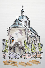 City sketch created with liner and markers. Color illustration on watercolor paper - 696220156