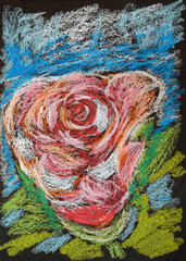Red rose created with oil pastel. Color illustration on black paper - 696220183