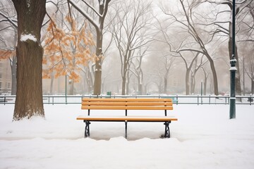 snow-covered park bench flanked by trees