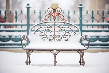 Fototapeta na wymiar ornate iron bench with intricate snow patterns