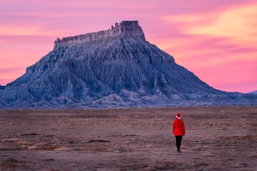 Woman in red jacket in front of eroded mesa Factory butte at sunset with colorful sky. Hanksville. Utah. USA