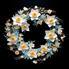 Flower wreath with white flowers and greenery on a black background