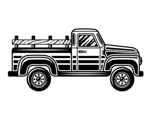 Farmer pickup truck side view vector illustration in vintage monochrome style isolated on white background