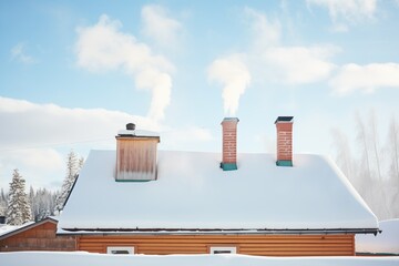 snow blanket on slanted roof with multiple smoking chimneys