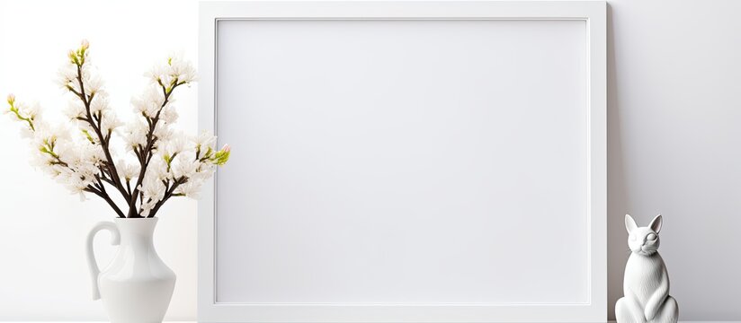 Frame with vase and cat statue in white.